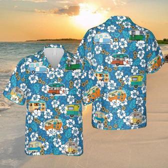 Flowers And Campers Blue Hawaiian Shirt, Gift For Husband Summer Gifts | Newhawaiianshirts CA