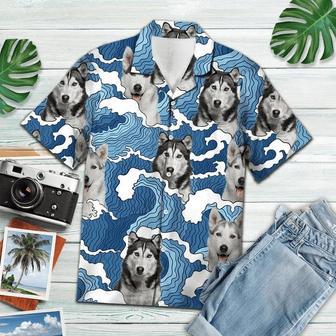 Funny Siberian Husky Portrait On Ocean Wave Pattern Hawaiian Shirt Summer Gifts | Newhawaiianshirts UK