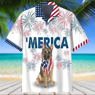 German Shepherd American Flag Red And White Firework Hawaiian Shirt Summer Gifts | Newhawaiianshirts UK