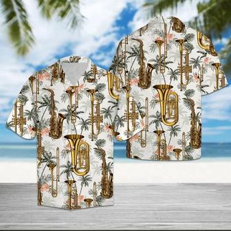 Golden Saxophone With Palm Trees In White Hawaiian Shirt Summer Gifts | Newhawaiianshirts DE