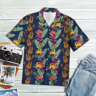 Golden Ukulele With Paradise Flowers And Leaves Hawaiian Shirt Summer Gifts | Newhawaiianshirts CA