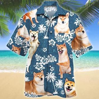 Happy Shiba Inu Dog Blue Tribal Pattern White Plant Hawaiian Shirt Summer Gifts | Newhawaiianshirts AU