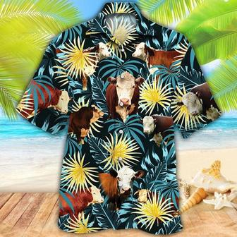 Hereford Cattle Lovers Blue And Yellow Plants Hawaiian Shirt Summer Gifts | Newhawaiianshirts UK