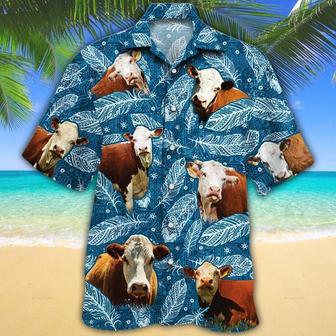 Hereford Cattle Lovers Blue Feather Hawaiian Shirt Summer Gifts | Newhawaiianshirts AU