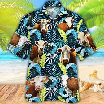 Hereford Cattle Lovers Jungle Leaves Hawaiian Shirt Summer Gifts | Newhawaiianshirts AU