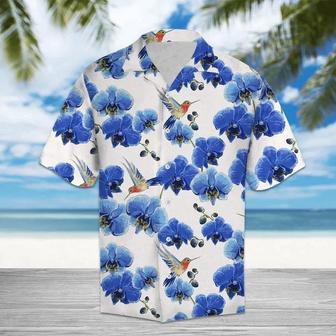 Hummingbird Sucking Blue Orchid In White Hawaiian Shirt Summer Gifts | Newhawaiianshirts