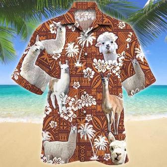 Llama And White Hibiscus On Brown Tribal Hawaiian Shirt, Short Sleeve Hawaiian Aloha Shirt For Men Summer Gifts | Newhawaiianshirts DE