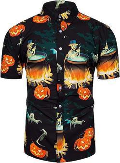 Men Halloween Shirts, Pumpkin Print Short Sleeve Hawaiian Shirt, Skeleton Shirt Summer Gifts | Newhawaiianshirts UK