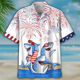 Men's Of July Shark Hawaiian Shirt - Independence Day Hawaiian Shirt, Usa Patriotic Hawaiian Shirt Summer Gifts | Newhawaiianshirts AU