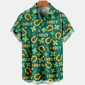 Men's St. Patrick's Day Lucky Clover Horseshoe Print Casual Short Sleeve Shirt, Irish Day Hawaiian Shirt Summer Gifts | Newhawaiianshirts UK