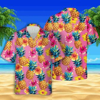 Pineapple And Hibicus Pink Hawaiian Shirt, Unisex Tee Summer Gifts | Newhawaiianshirts DE