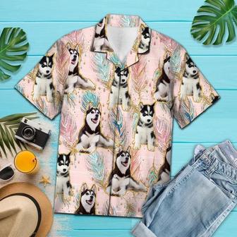 Playful Siberian Husky Boho Feather Pattern Hawaiian Shirt Summer Gifts | Newhawaiianshirts CA