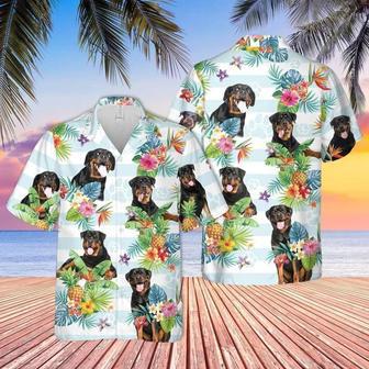 Rottweiler Hawaiian Shirt, Dog Tropical Flower Blue And White Striped Hawaiian Shirt Summer Gifts | Newhawaiianshirts CA