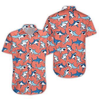 Shark Print Hawaiian Shirt, Cool Blue Shark Pattern Red Hawaii Shirt Summer Gifts | Newhawaiianshirts