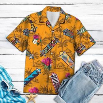 Skateboard Yellow Hawaiian Shirt, Cool Skateboard Tropical Flowers Burned Yellow Background Pattern Hawaiian Shirt Summer Gifts | Newhawaiianshirts CA