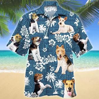 Smart Wire Fox Terrier Dog Blue Tribal Pattern Tropical Forest Hawaiian Shirt Summer Gifts | Newhawaiianshirts CA