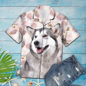 Summer Beach Seashells And Cute Alaskan Malamute Portrait Hawaiian Shirt, Short Sleeve Hawaiian Aloha Shirt Summer Gifts | Newhawaiianshirts UK