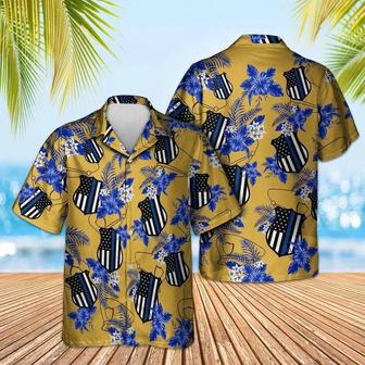 Thin Blue Line Us Emblem With Flowers Pattern Hawaiian Shirt Summer Gifts | Newhawaiianshirts AU