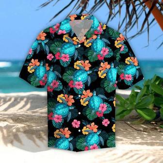 Turtles Glow Hibiscus Tropical Leave Black Theme Hawaiian Shirt, Short Sleeve Hawaiian Aloha Shirt For Men And Women Summer Gifts | Newhawaiianshirts CA