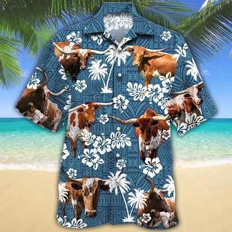 Tx Longhorn Cattle Lovers Blue Tribal Hawaiian Shirt Summer Gifts | Newhawaiianshirts CA