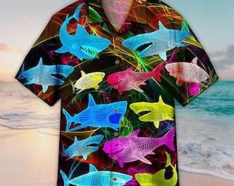 Unisex Fish Neon Glowing Shark Blue And Violet Hawaiian Shirt For Men & Women, Aloha Hawaiian Shirt Short Sleeve Hawaiian Summer Gifts | Newhawaiianshirts AU