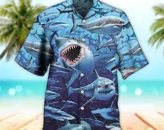 Unisex Shark Family Hunting Together Hawaiian Shirt For Men, Aloha Hawaiian Shirt Short Sleeve Hawaiian Summer Gifts | Newhawaiianshirts DE