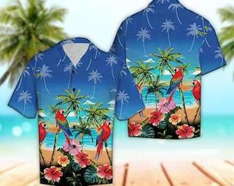 Unisex Tropical Flower Parrot Palm Tree Hawaiian Shirt Tropical Hawaiian Shirt, Aloha Hawaiian Shirt Short Sleeve Hawaiian Summer Gifts | Newhawaiianshirts