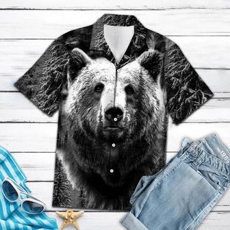 Wild Bear Black And White Portrait Design Themed Hawaiian Shirt, Short Sleeve Hawaiian Aloha Shirt For Men Summer Gifts | Newhawaiianshirts UK