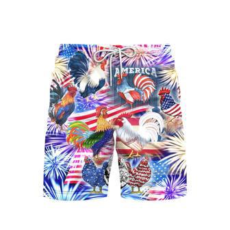 America Rooster Chicken With Fireworks Beach Shorts For Men | Newhawaiianshirts CA