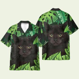 Beach Black Cat In Tropical Green Leaves Hawaiian Shirt | Newhawaiianshirts CA