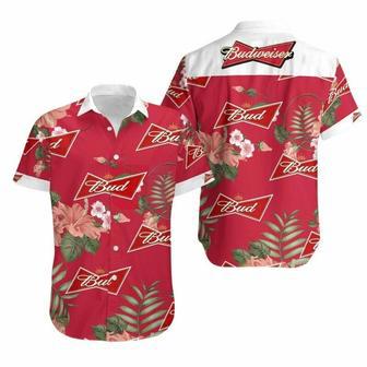 Beer Budweiser Logo Tropical Hibiscus Flower Red Hawaiian Shirt | Newhawaiianshirts CA