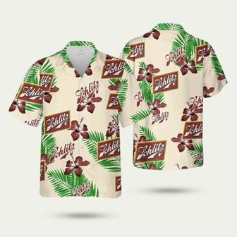 Beige Schlitz Beer Hibiscus Flower Palm Leaves Pattern Hawaiian Shirt | Newhawaiianshirts AU