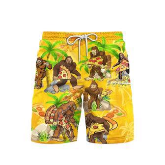 BigFoot Eating Pizza Palm Trees Yellow Beach Shorts For Men | Newhawaiianshirts CA