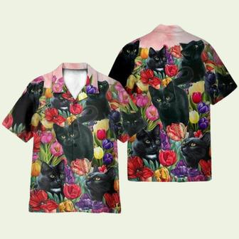 Black Cat Dream And Tulip Garden Hawaiian Shirt | Newhawaiianshirts CA