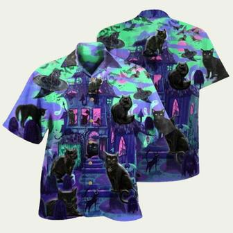 Black Cat In A Haunted House Hawaiian Shirt | Newhawaiianshirts