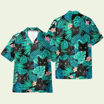 Black Cat In Tropical Green Leaves Hawaiian Shirt | Newhawaiianshirts CA