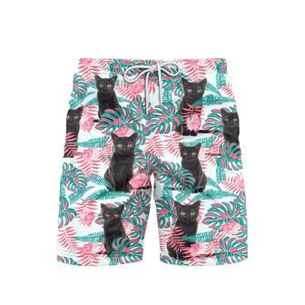 Black Cat Pink Hibiscus Floral Tropical Beach Shorts For Men | Newhawaiianshirts