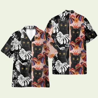 Black Cat Tropical Leaves Pattern Hawaiian Shirt | Newhawaiianshirts CA