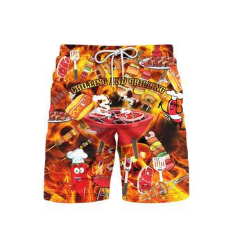 Chilling And Grilling BBQ With Fire Red Beach Shorts For Men | Newhawaiianshirts CA