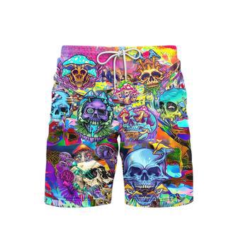 Colorful Happy Hippie Mushroom Skull Beach Shorts For Men | Newhawaiianshirts CA