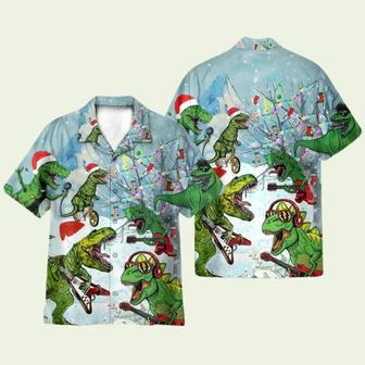 Dinosaur Trex Playing Guitar Merry Christmas Hawaiian Shirt | Newhawaiianshirts CA