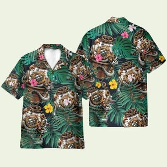 Diving Hard Hat In Tropical Green Leaves Hawaiian Shirt | Newhawaiianshirts UK