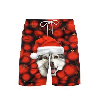 Dogs Siberian Husky Christmas Red Bauble Beach Shorts For Men | Newhawaiianshirts