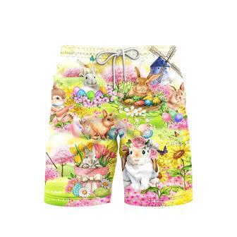 Easter Rabbit Chilling In The Flower Landscape Beach Shorts For Men | Newhawaiianshirts AU