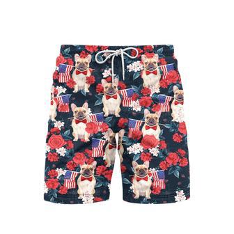 French Bulldog Holding Flag USA On Red Rose Tropical Beach Shorts For Men | Newhawaiianshirts UK