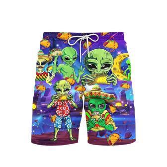 Funny Aliens Eat Tacos On Their Planet Beach Shorts For Men | Newhawaiianshirts DE