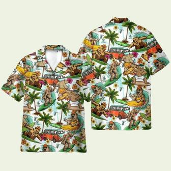 Funny Bear Surfing Hippie Bus And Palm Tree Pattern Hawaiian Shirt | Newhawaiianshirts UK