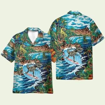 Funny Dinosaur Surfing On Tropical Island Hawaiian Shirt | Newhawaiianshirts