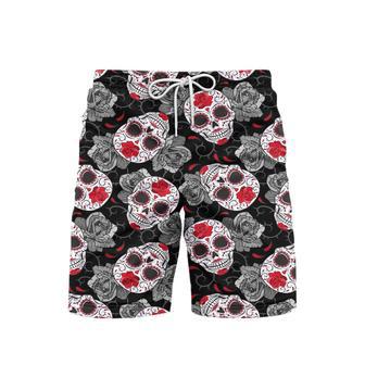 Gothic Sugar Skull Roses Halloween Pattern Beach Shorts For Men | Newhawaiianshirts DE