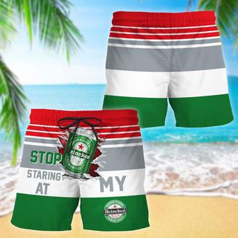 Heineken Stop Staring At Horizontal Striped Swim Trunks | Newhawaiianshirts CA